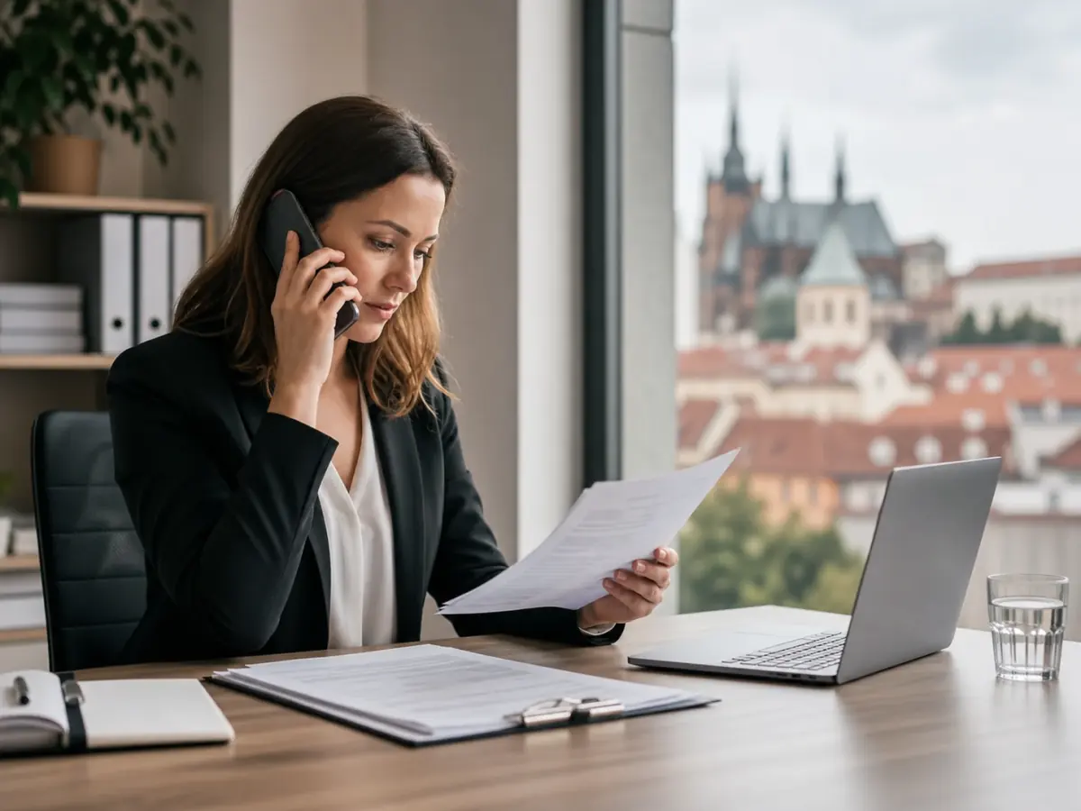 Advokátka vyřizuje telefonický dotaz klienta a kontroluje podklady případu.