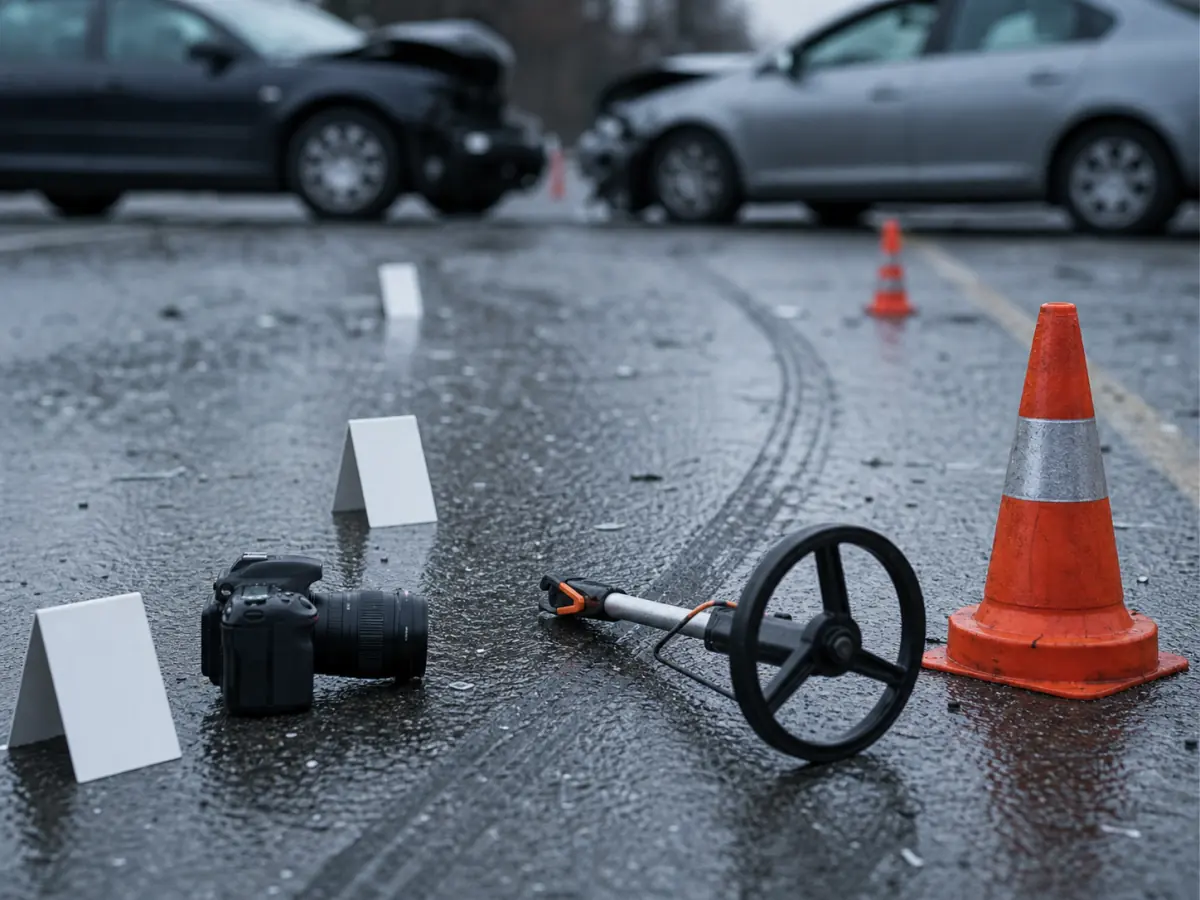 Dokumentace stop a důkazů na místě dopravní nehody.