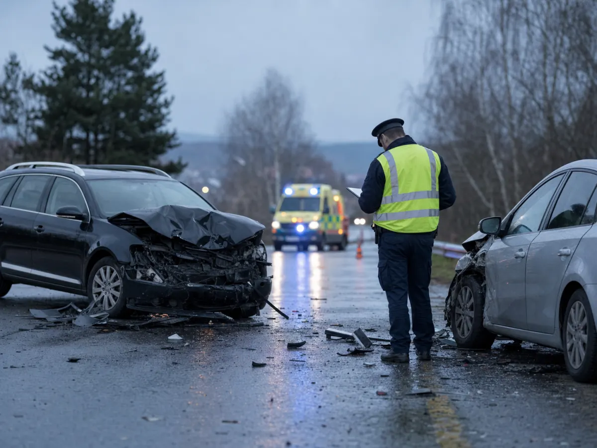Policista dokumentuje místo vážné dopravní nehody.