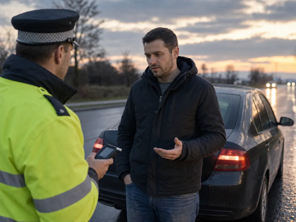Řidič hovoří s policistou o dechové zkoušce.