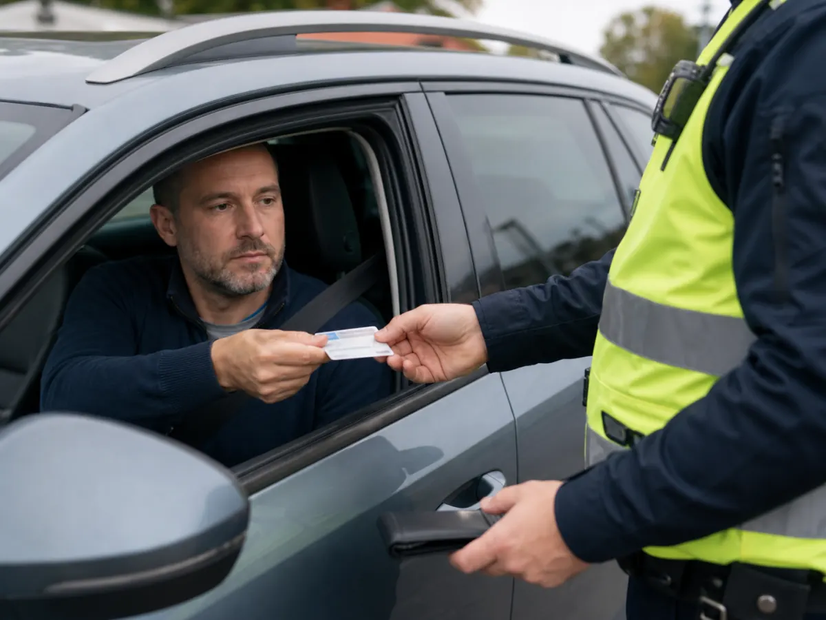 Řidič předává policistovi řidičský průkaz.