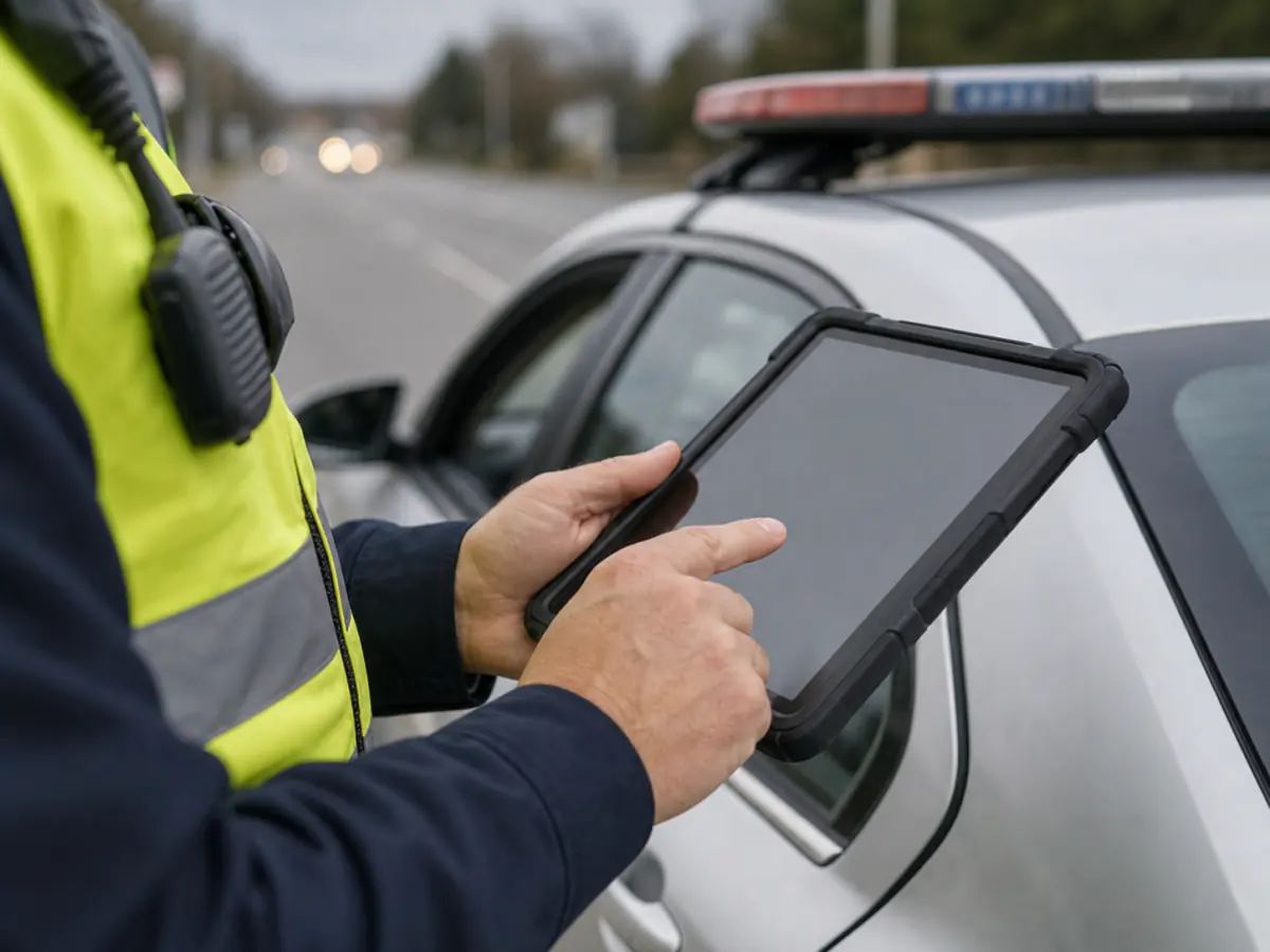 Policista ověřuje oprávnění řidiče v elektronickém systému.