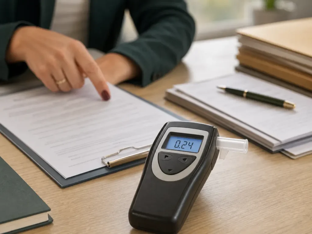 Alkoholtester se zapnutým displejem vedle právních dokumentů