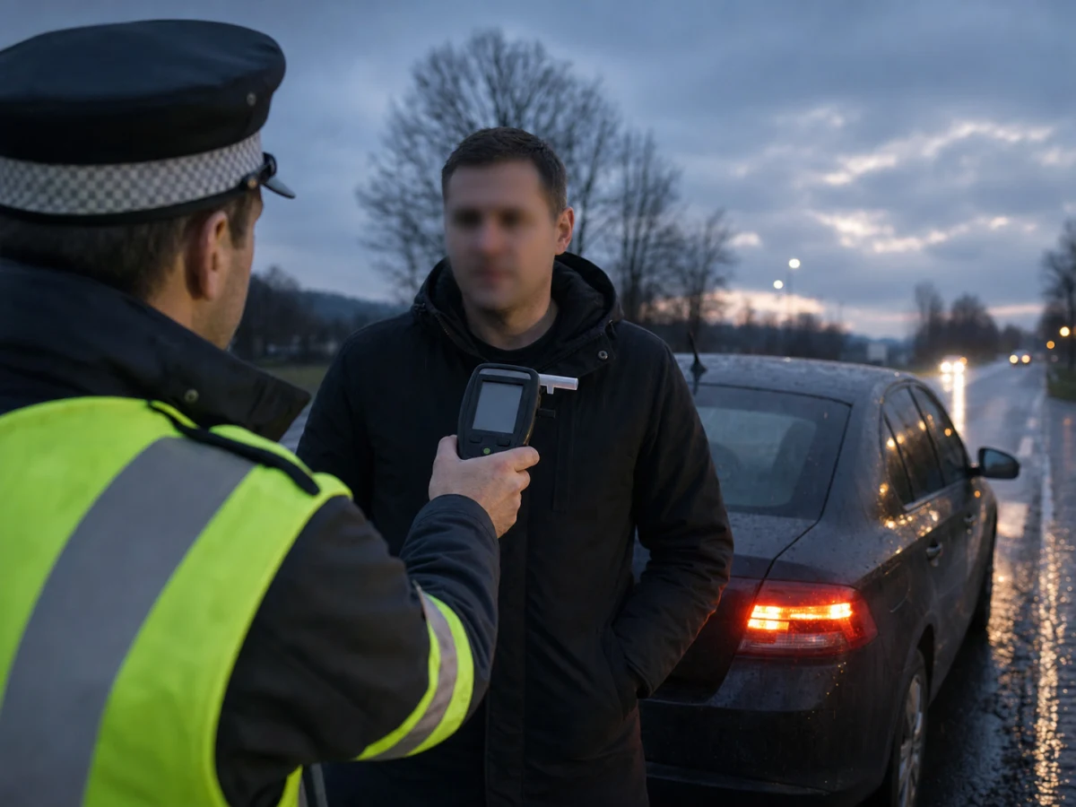 Policista provádí u řidiče dechovou zkoušku při silniční kontrole.
