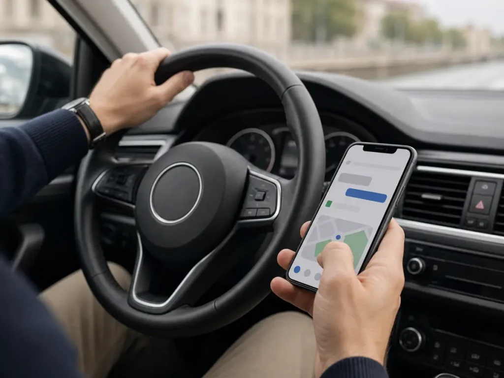 Rozsvícený telefon u volantu bez značky automobilky