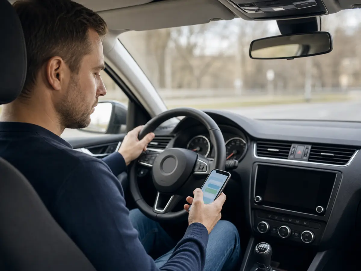 Řidič v autě drží rozsvícený telefon za volantem